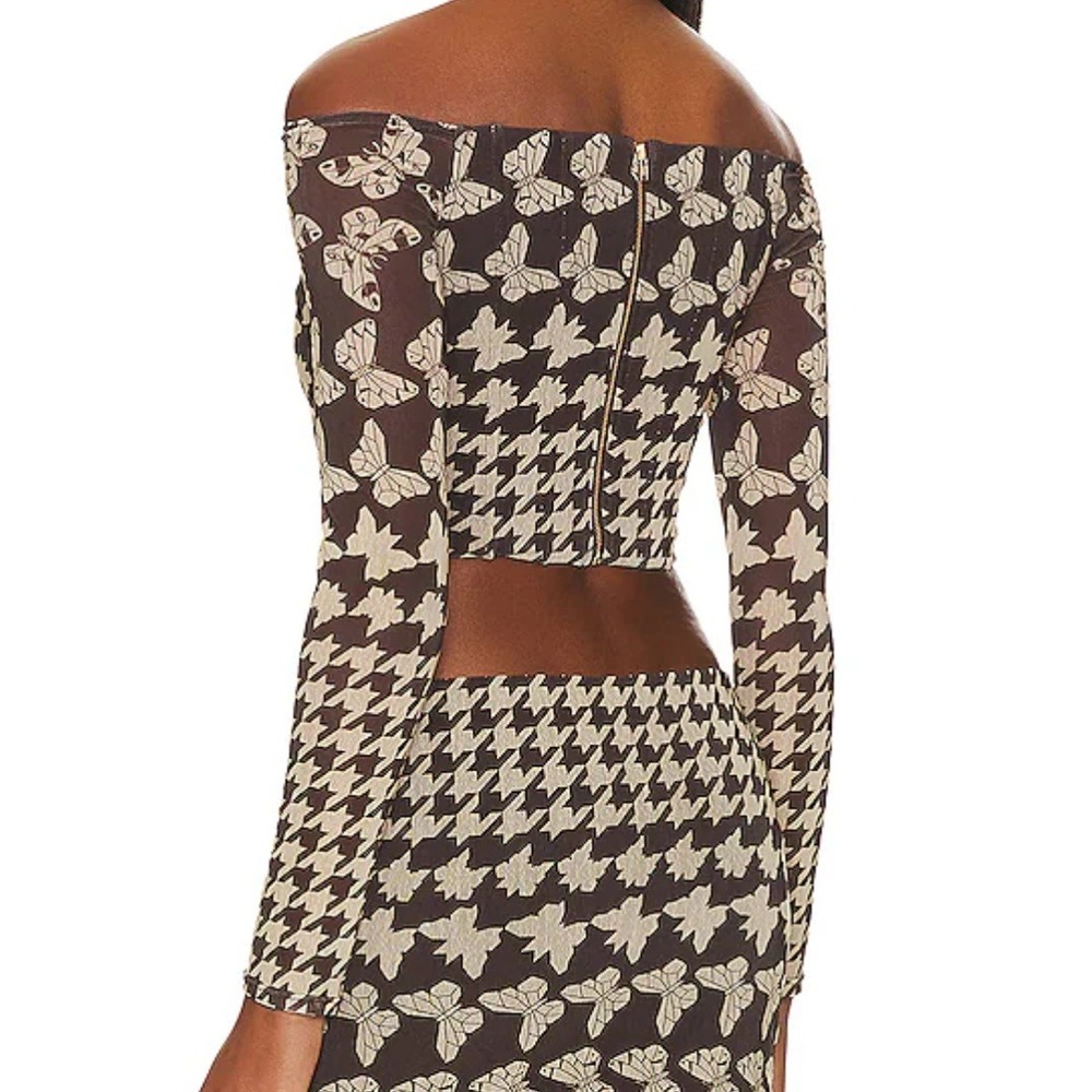 Camila Coelho | Antonina Mesh Corset Off Shoulder Top in Brown Butterfly - Picture 3 of 7